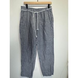 Tahari 100% Linen Striped Drawstring Pants Size Large Blue White Coastal